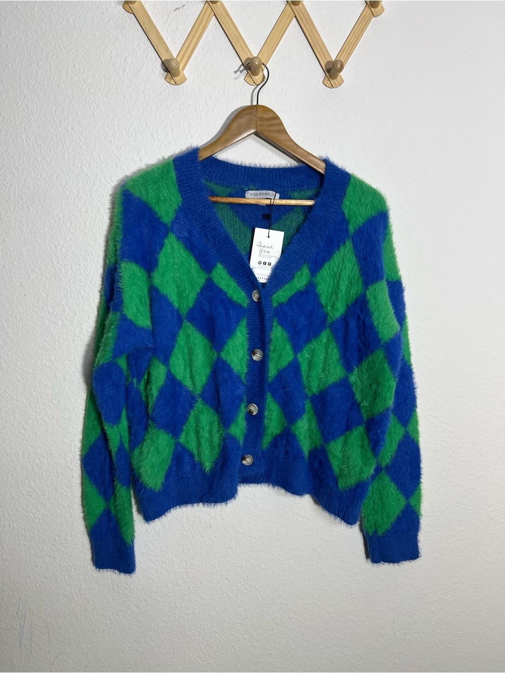 MISS SPARKLING • fuzzy green and blue argyle cardigan with a button-up front